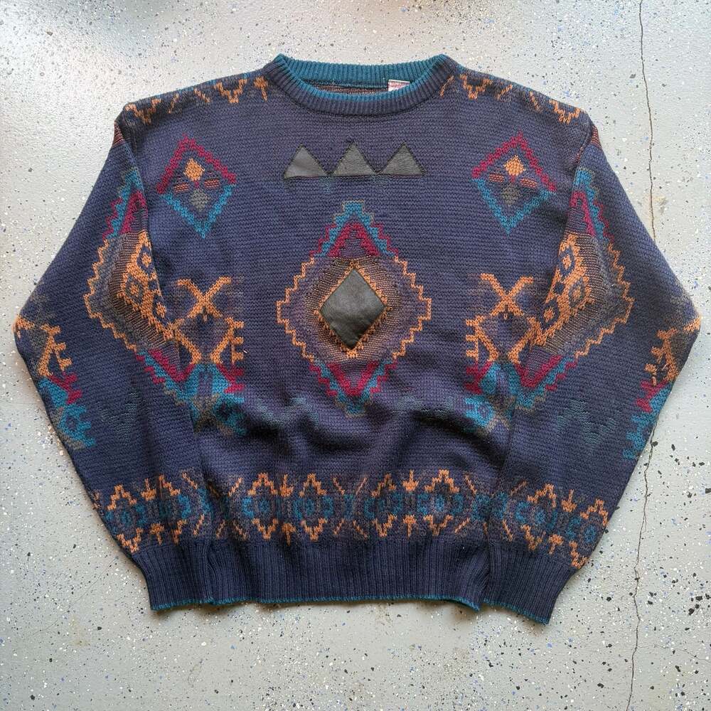 Vintage 90s Southwestern Aztec Print Crewneck Sweater with Leather Trim - Picture 1 of 7